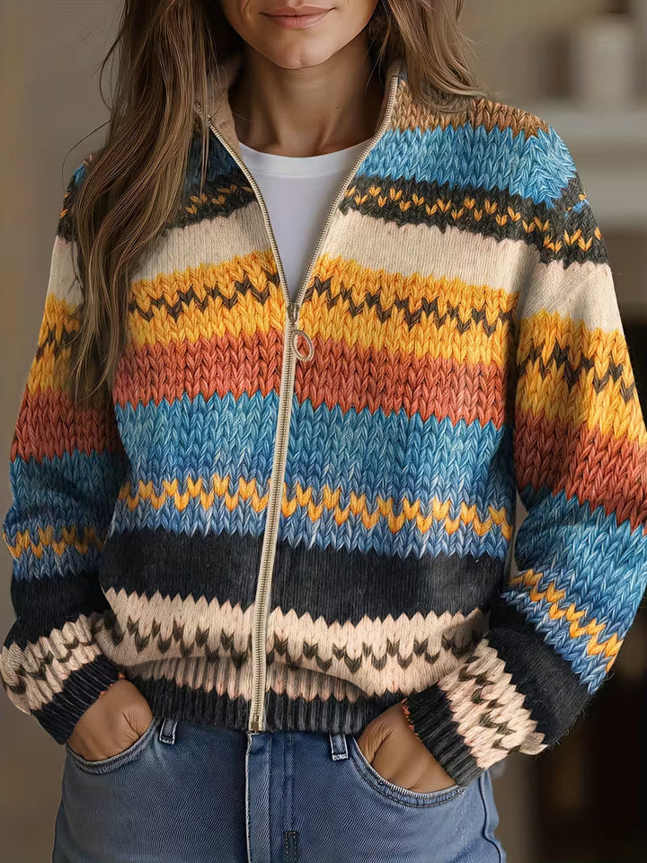Jenna - Multicolor Zigzag Gestreepte Gebreide Cardigan