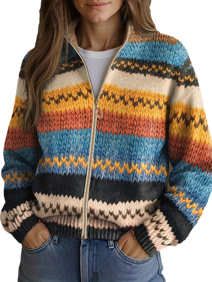 Jenna - Multicolor Zigzag Gestreepte Gebreide Cardigan