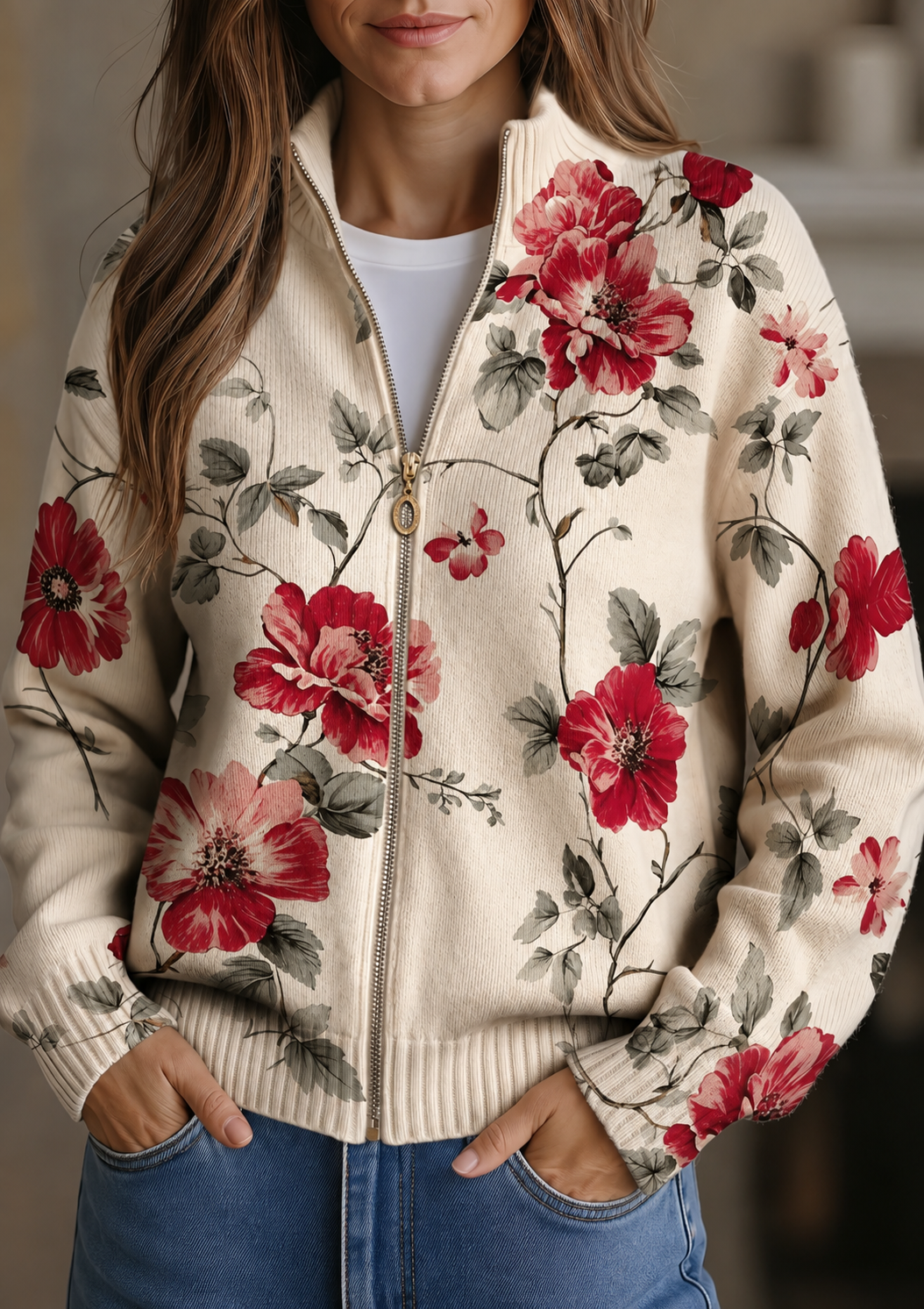 Penelope - Vintage Rozenprint Zip Cardigan