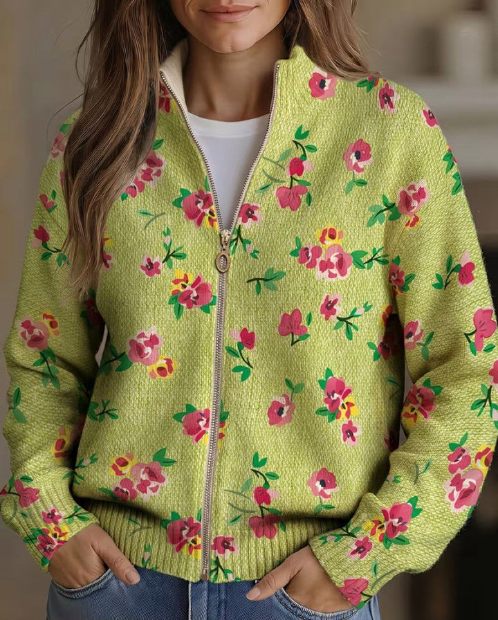 Lauren - Roze Bloemen Limoen Rits Cardigan