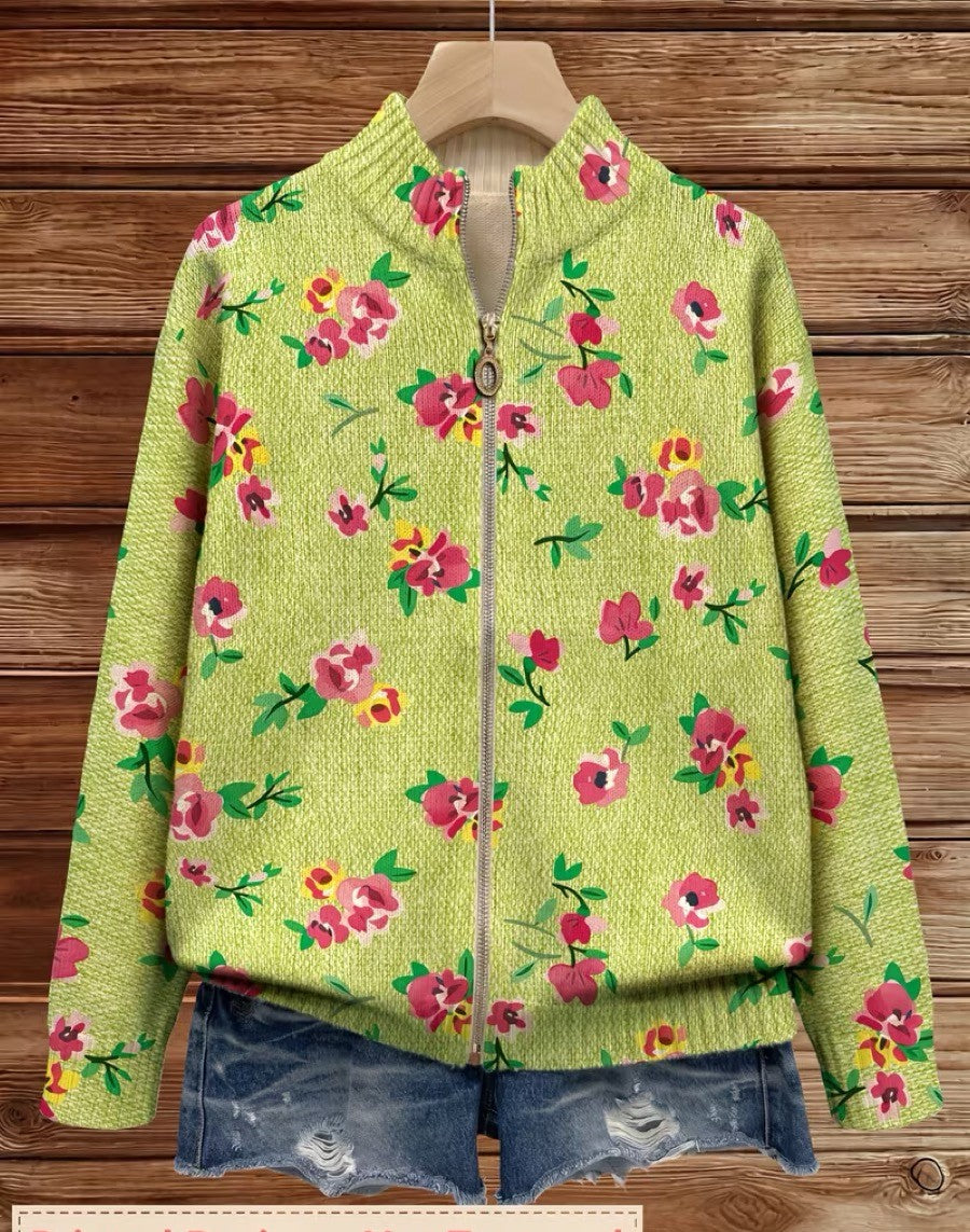 Lauren - Roze Bloemen Limoen Rits Cardigan