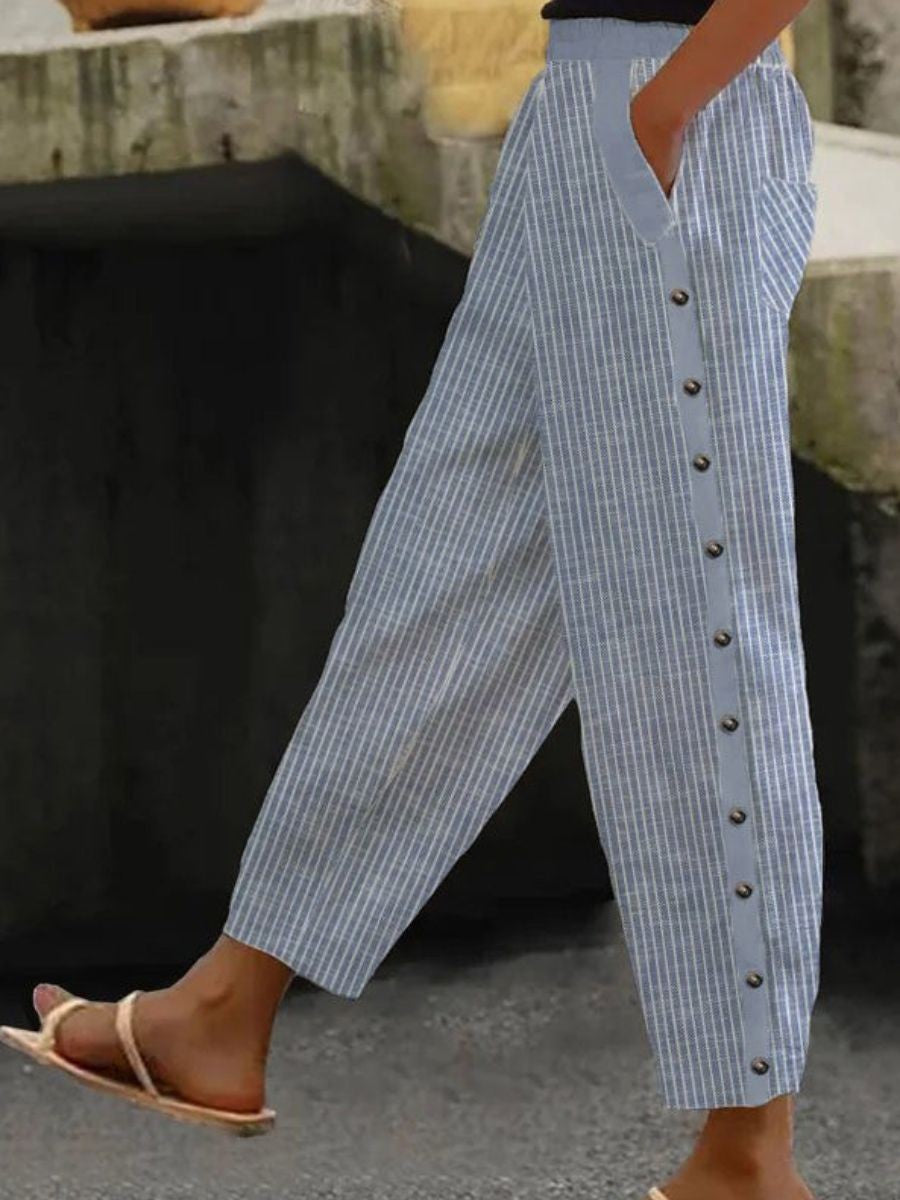 Linaya - Broek met Knopen Gestreept