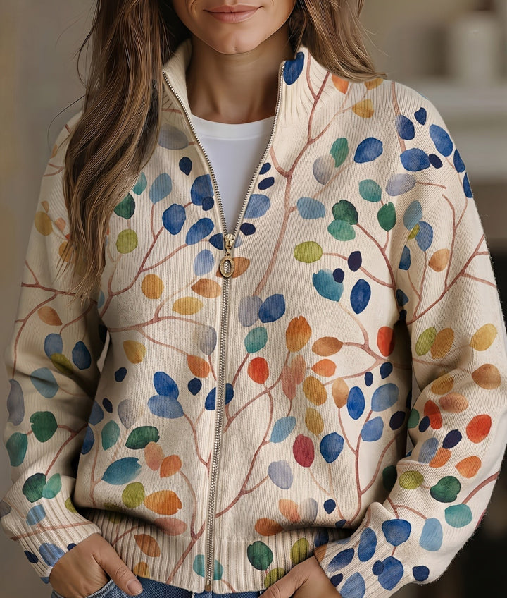 Fiona - Botanische Bladprint Zip Cardigan